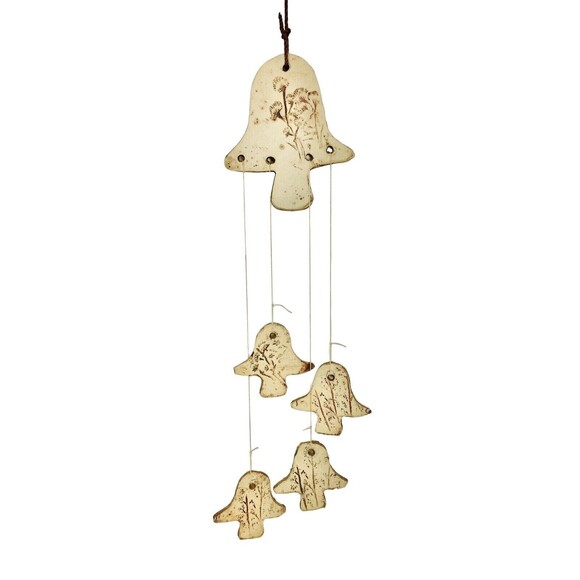 Vintage 60s 70s MCM Clay Pressed Floral Mushroom Hanging Wind Chimes - Picture 1 of 6